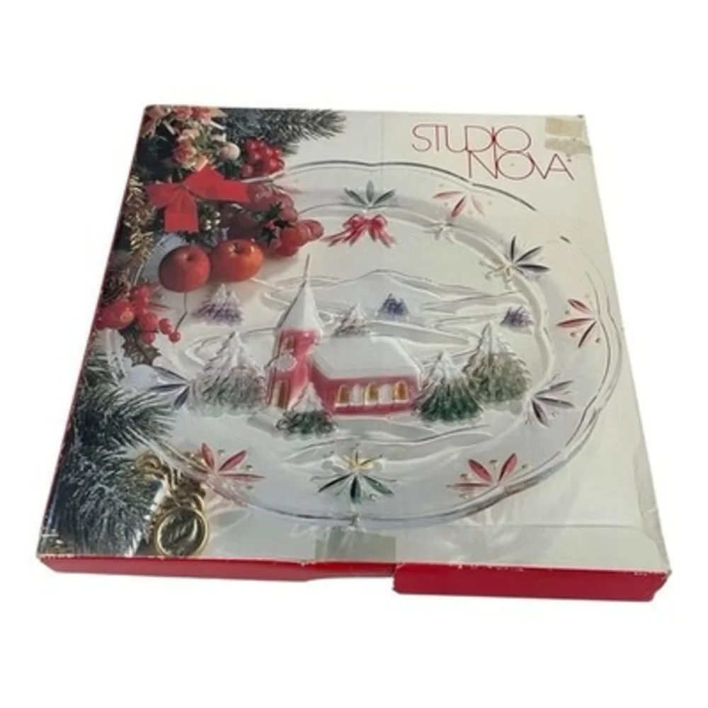 Studio Nova Winter Chapel Christmas Glass Serving Plate Vintage NIB